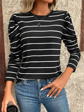 Full Size Striped Round Neck Puff Sleeve T-Shirt Black OutfitFlow