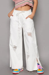 POL Distressed Drawstring Slit Wide leg Pants White OutfitFlow