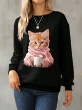 Cat Round Neck Long Sleeve Sweatshirt Black OutfitFlow