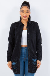 American Bazi Distressed Button Up Long Sleeve Denim Jacket Black OutfitFlow
