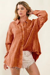 BiBi Raw Edge Detailed Mineral Washed Loose Fit Shirt VINTAGE BRICK OutfitFlow