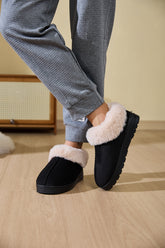Faux Fur Round Toe Platform Slippers Black OutfitFlow