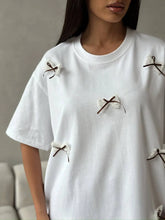 Bow Round Neck Oversized T-Shirt White OutfitFlow