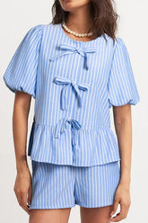 Striped Bowknot Detail Puff Sleeve Top and Shorts Set Light Blue OutfitFlow