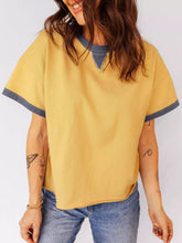 Contrast Trim Raw Hemline Short Sleeve Loose Top Pastel Yellow Trendsi