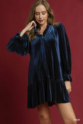 Umgee Velvet Ruffle Trim Mini Dress Navy OutfitFlow