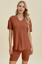 Basic Bae Full Size Ribbed V-Neck Short Sleeve Top and Shorts Set Caramel OutfitFlow