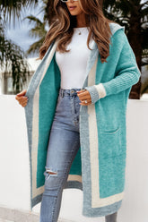 Pocketed Contrast Long Sleeve Hooded Cardigan Tiffany Blue One Size OutfitFlow
