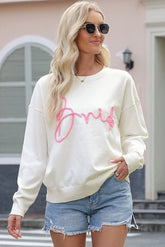 Letter Graphic Round Neck Sweater White OutfitFlow