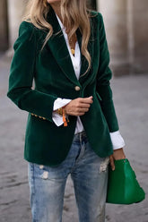 One Button Lapel Collar Long Sleeve Blazer Black Forest OutfitFlow