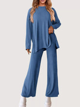 Casual Loose Long Sleeve Top and Wide Leg Pants Set Blue Trendsi