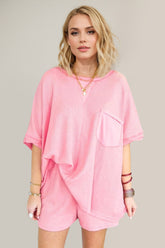 Oh Full Size Round Neck Half Sleeve Top and Shorts Set Dusty Pink OutfitFlow