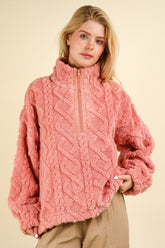 VERY J Fuzzy Fleece Half Zip Cable Pattern Sweatshirt Blush OutfitFlow