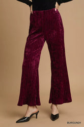 Umgee Velvet Pleated Wide Leg Pants Burgundy OutfitFlow