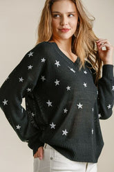 Umgee Full Size Star V-Neck Long Sleeve Sweater Plus Size Black OutfitFlow