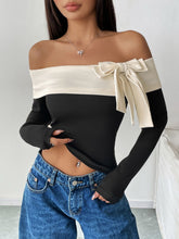 Perfee Bow Contrast Off-Shoulder Long Sleeve Top Black OutfitFlow
