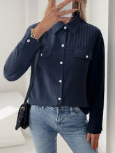 Perfee Buttoned Down Long Sleeve Shirt Dark Blue OutfitFlow