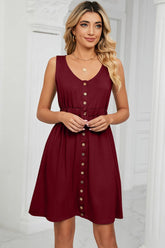 Buttoned Wide Strap Mini Dress Burgundy OutfitFlow
