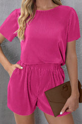 Round Neck Short Sleeve Top and Shorts Set Hot Pink OutfitFlow