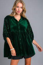 Umgee Sequin Detail Tiered Back Half Sleeve Shirt Hunter Green OutfitFlow