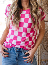 Checkered Cap Sleeve Casual Sweater Top Fuchsia Pink OutfitFlow
