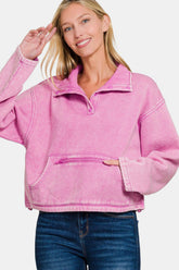 Zenana Acid Wash Fleece Half Snap Sweatshirt with Pocket Mauve OutfitFlow