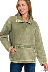 Zenana Fleece Washed High Neck Kangaroo Pocket Sweatshirt LT OLIVE OutfitFlow
