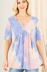 Heimish Full Size Crisscross Tie Dye Babydoll Top Plus Size Blue Pink OutfitFlow