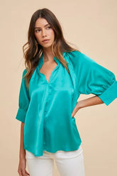 Annie Wear Satin V Neck Open Short Sleeve Woven Blouse Top EMERALD OutfitFlow