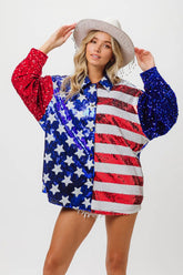 BiBi Velvet Sequin American Flag Shirt ROYAL BLUE RED OutfitFlow