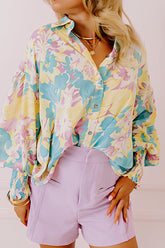 Printed Button Down Lantern Sleeve Shirt Floral OutfitFlow