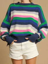Rainbow Striped Crew Neck Drop Shoulder Sweater Dark Green OutfitFlow