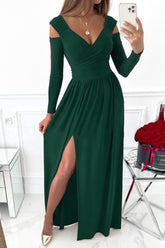 Slit Surplice Long Sleeve Maxi Dress Dark Green OutfitFlow