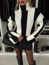 Striped Turtleneck Dropped Shoulder Sweater Black OutfitFlow