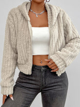 Zip Up Long Sleeve Fuzzy Hooded Jacket Beige OutfitFlow