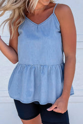 Ruffled Spaghetti Straps Denim Tank Top Light Blue OutfitFlow
