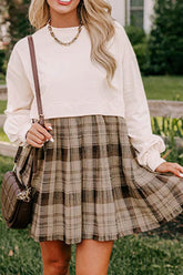Plaid Round Neck Long Sleeve Mini Dress Beige OutfitFlow
