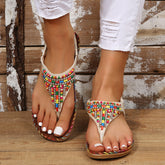 PU Leather Beaded Flat Sandals Beige OutfitFlow
