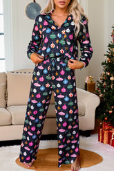 Christmas Lights Print Collared Neck Top and Pants Set Navy Blue S OutfitFlow