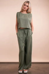 VERY J Solid Woven Top & Pants Set Olive OutfitFlow