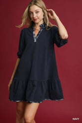Umgee French Terry Ruffle Hem Dress with Plaid Trim Navy OutfitFlow