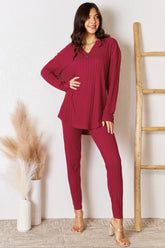 Basic Bae Full Size Notched Long Sleeve Top and Pants Set Deep Red OutfitFlow