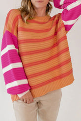 Striped Round Neck Long Sleeve Sweater Tangerine OutfitFlow