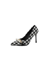Plaid Pearl Detail Point Toe Stiletto Pumps White OutfitFlow