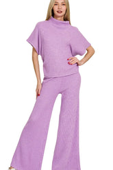 Zenana Sweater Mock Neck Top & Long Pants Set B LAVENDER OutfitFlow