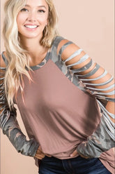BiBi Jersey Knit Top with Camouflage Laser Cut Sleeves MOCHA BROWN OutfitFlow
