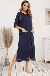 Zip Up Slit Round Neck Night Dress with Pockets Dark Navy OutfitFlow