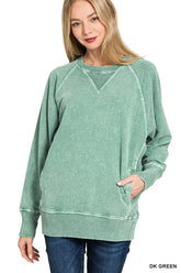Zenana Halo Snow Washed French Terry Round Neck Sweatshirt DK GREEN OutfitFlow