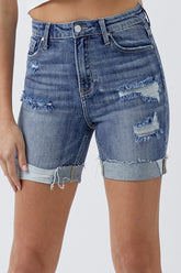 RISEN Full Size Distressed Rolled Denim Shorts with Pockets Medium OutfitFlow