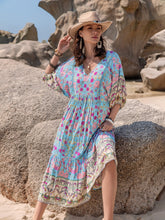 Printed Puff Sleeve Ruched Midi Dress Light Blue OutfitFlow